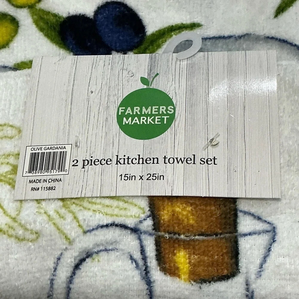 Farmers Market Cotton Towels Mediterranean Olive Theme Green Yellow 2 Pieces